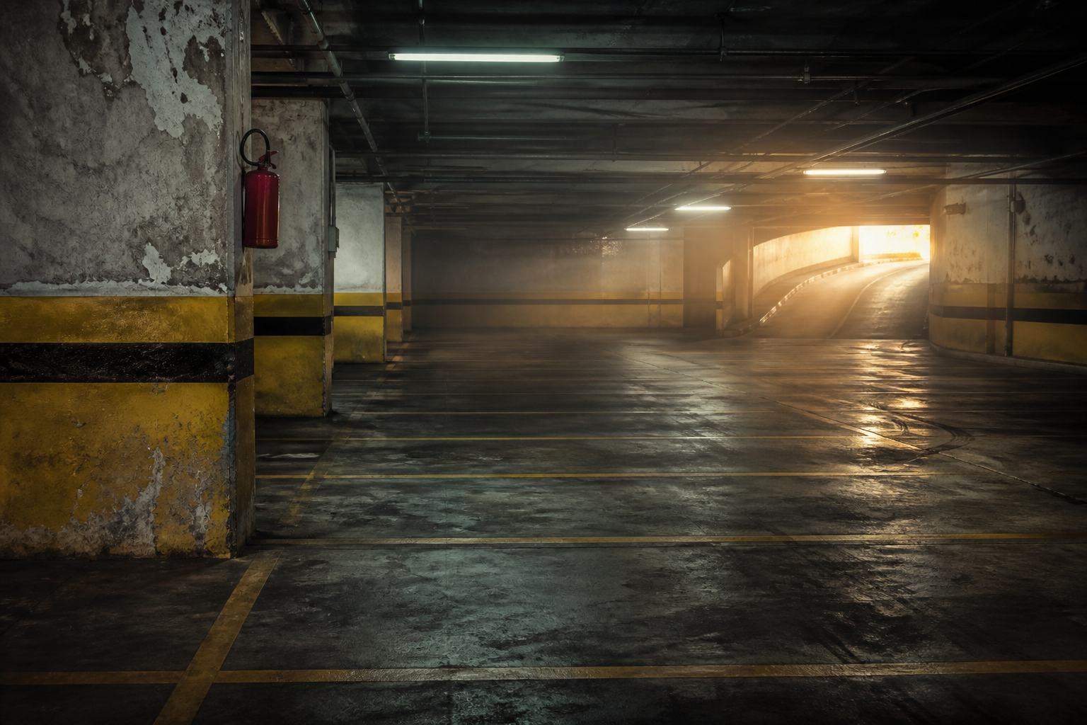 Estacionamento subterrâneo com primeiro plano, plano médio e fundo