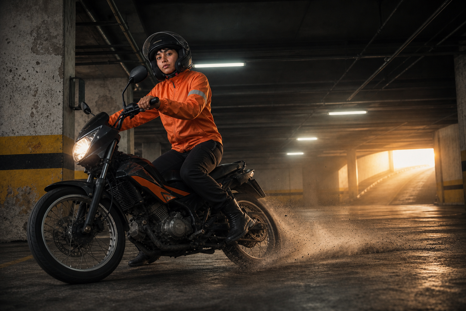 Entregadora derrapando com uma moto em enquadramento de impacto
