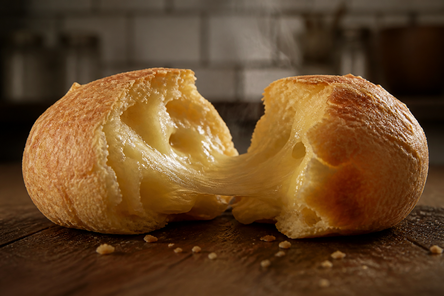 Pão de queijo partido ao meio com textura e queijo derretido em destaque